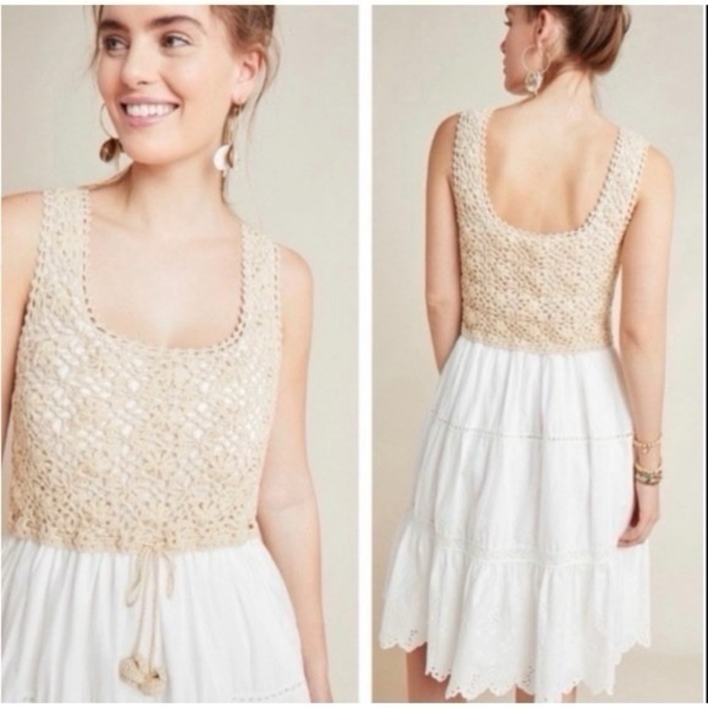 BY ANTHROPOLOGIE Beckett Crochet Beige Sleeveless Eyelet Midi Dress Size Xs
